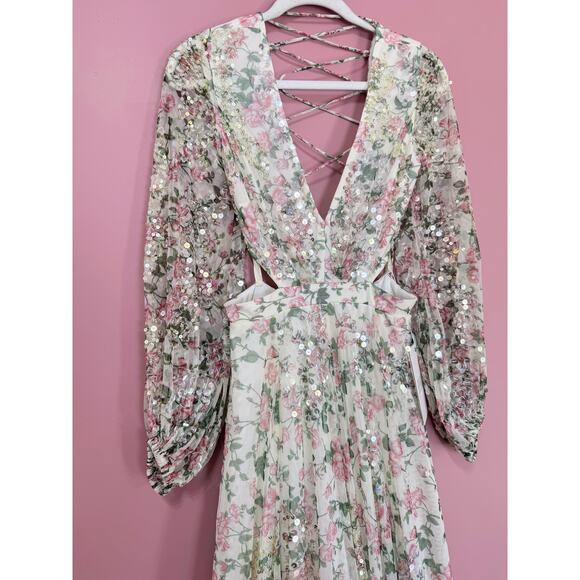 NEW NWT Mac Duggal Floral Sequined Cut Out Lace Up Gown A93746 Size 4 - Picture 6 of 15